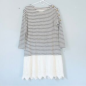 Soft Surroundings Dress Small Petite Blue White Striped Nautical Eyelet Trim